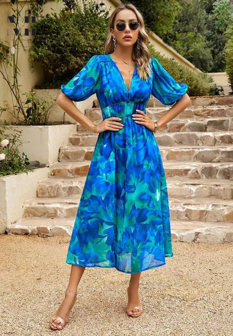 Alma | Floral Dress – Romantic Elegance And Structured Sleeves