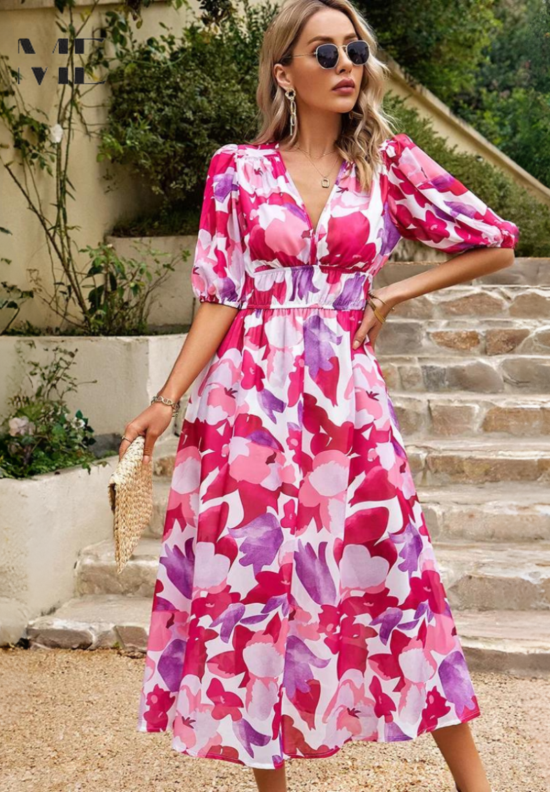 Alma | Bloemenjurk – Romantische Elegantie En Gestructureerde Mouwen 