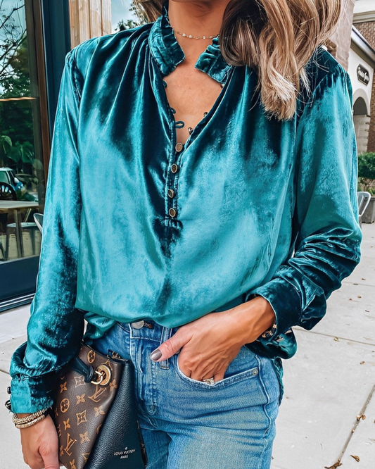 Viviane | Elegant Bluse Dame – Rynket Krage Og Chic Knapping 
