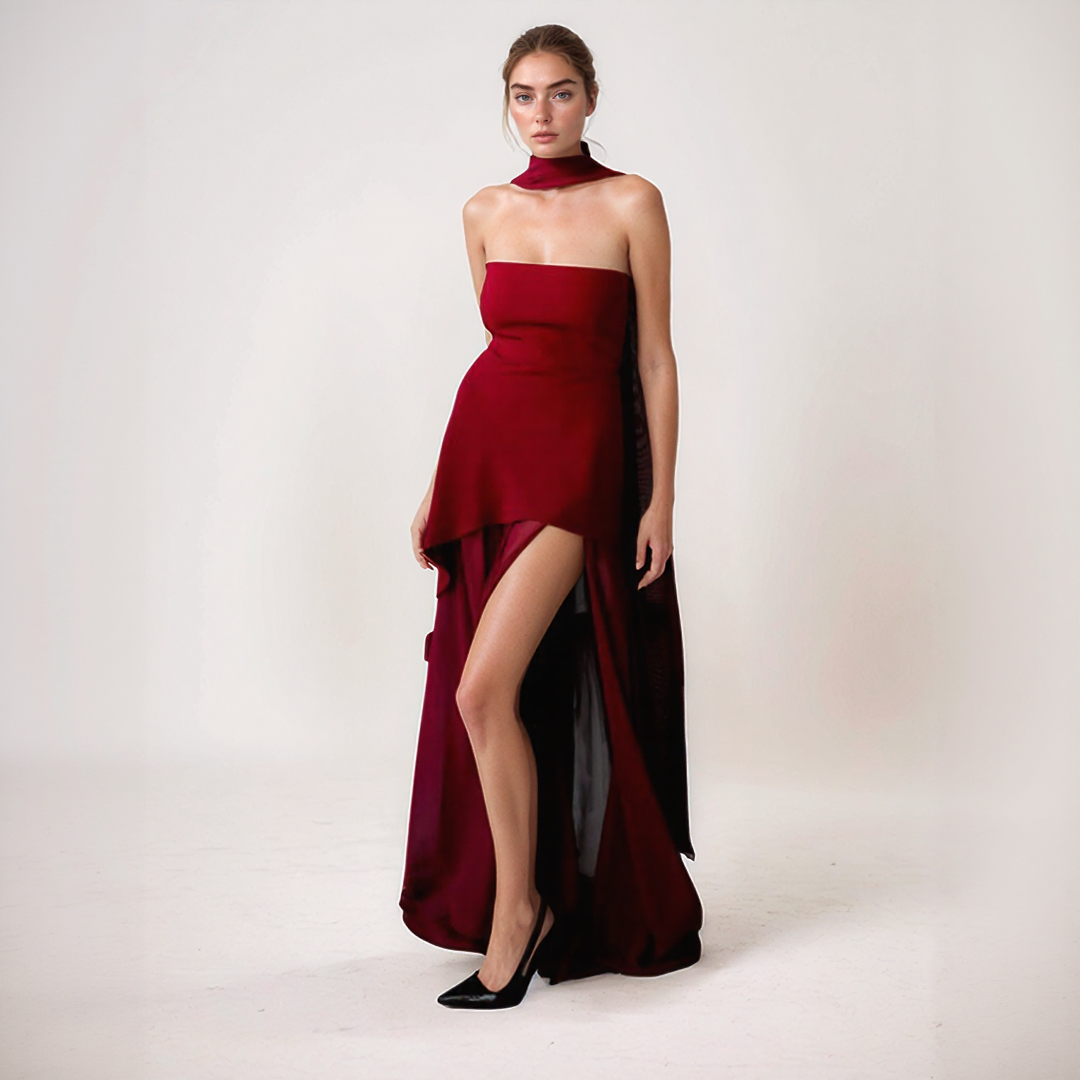 Nelly | Vestido Largo Elegante – Corte Asimétrico y Pañuelo Integrado 