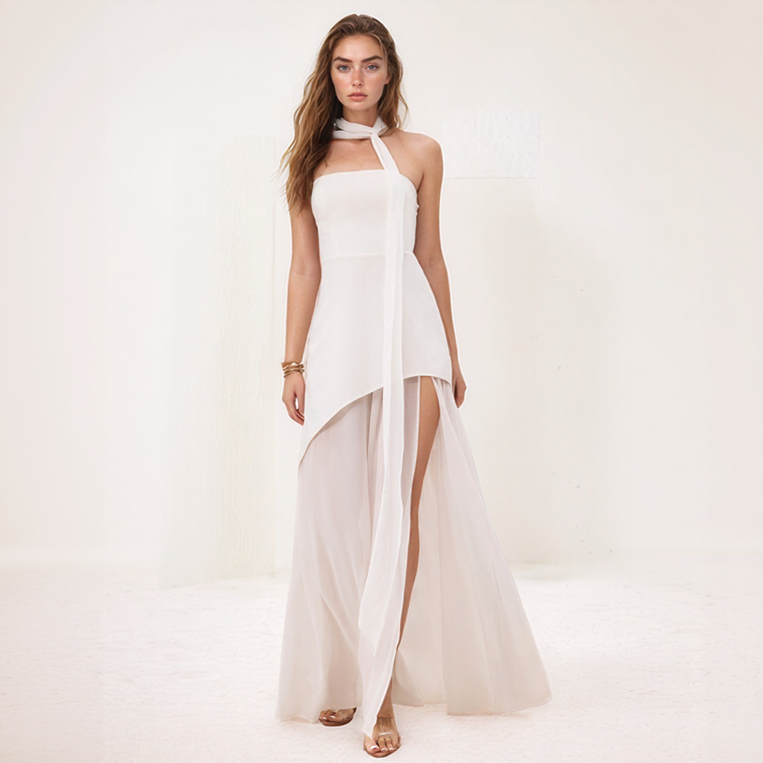 Nelly | Vestido Largo Elegante – Corte Asimétrico y Pañuelo Integrado 