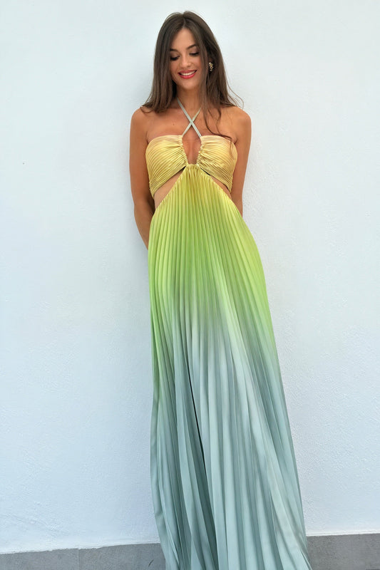 Ida | Vestido Largo Plisado – Escote Americano y Elegancia 