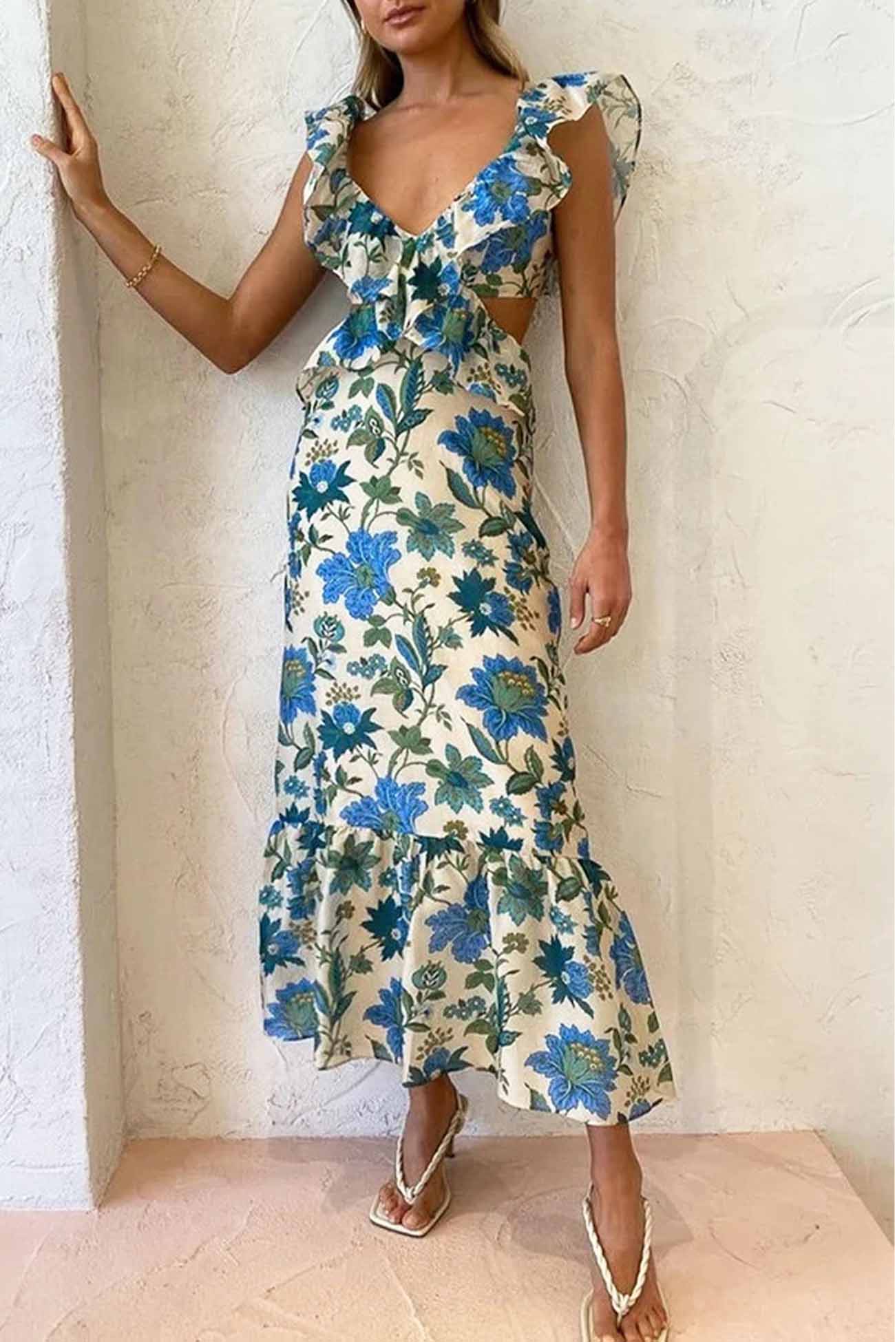 Méline | Elegante Lange Zomerjurk – Mouwloos met Volants 