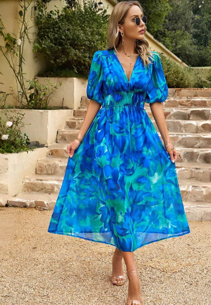 Alma | Bloemenjurk – Romantische Elegantie En Gestructureerde Mouwen 