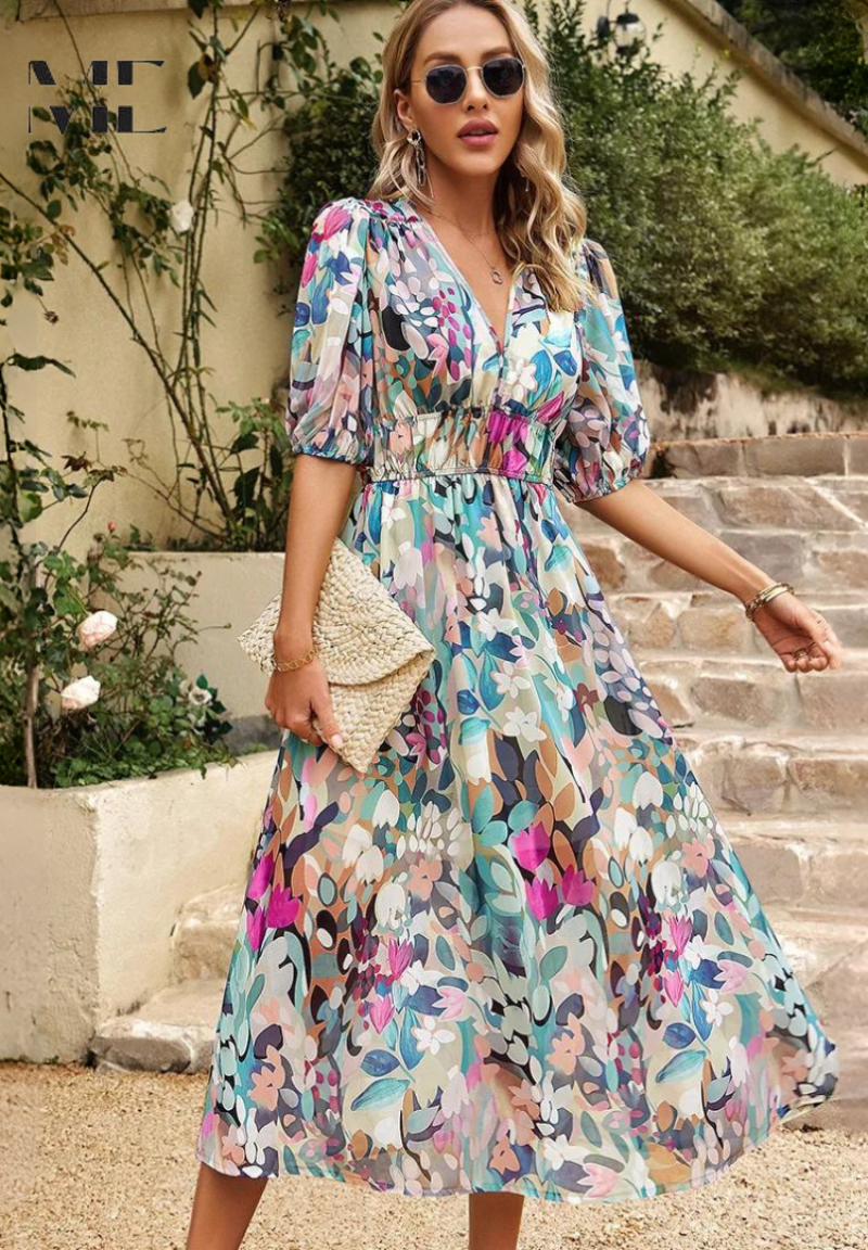 Alma | Bloemenjurk – Romantische Elegantie En Gestructureerde Mouwen 
