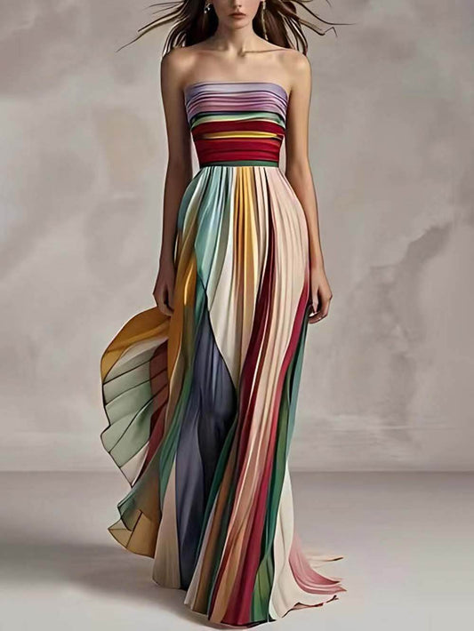 Anabella | Vestido Plisado Sin Tirantes – Multicolor y Elegancia 