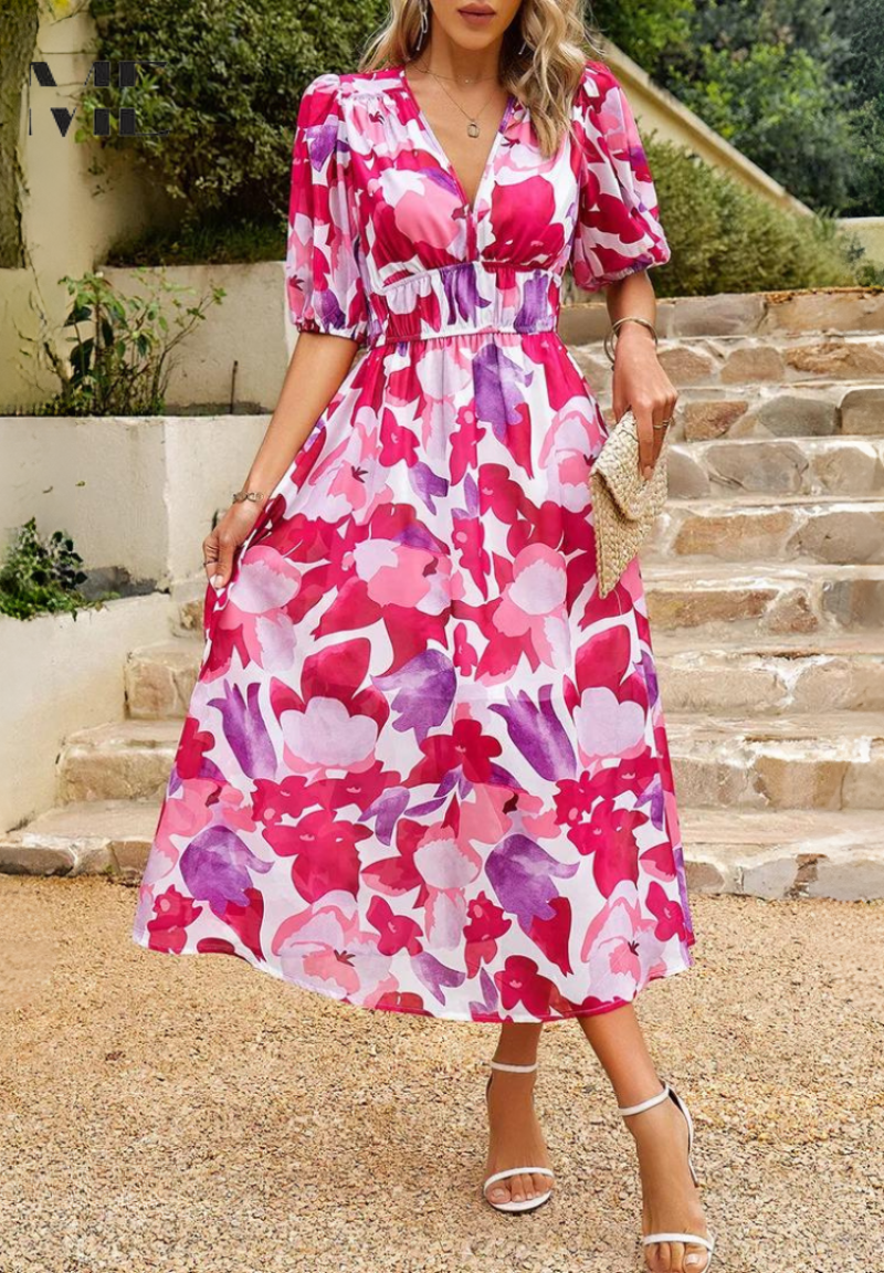 Alma | Bloemenjurk – Romantische Elegantie En Gestructureerde Mouwen 