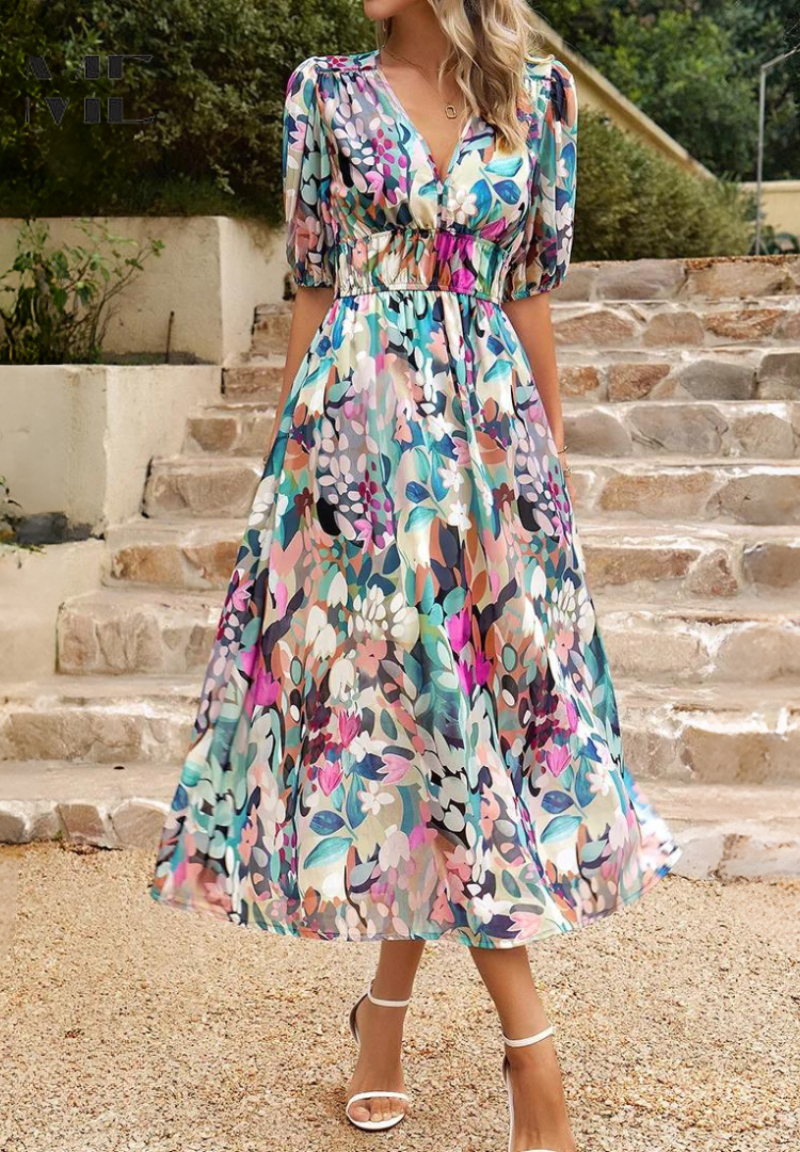 Alma | Bloemenjurk – Romantische Elegantie En Gestructureerde Mouwen 