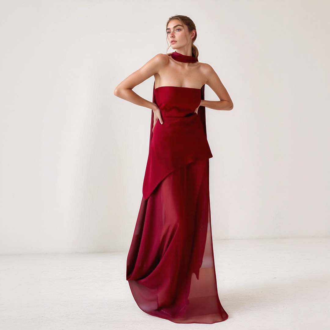 Nelly | Vestido Largo Elegante – Corte Asimétrico y Pañuelo Integrado 